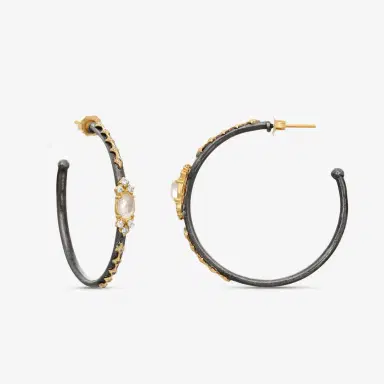 Armenta Armenta Old World 18K Yellow Gold & Grey Sterling Silver Diamond, Mother of Pearl & White Quartz Hoop Earrings by The Solist | Thumbnail 3 Armenta Armenta Old World 18K Yellow Gold & Grey Sterling Silver Diamond, Mother of Pearl & White Quartz Hoop Earrings by The Solist | Thumbnail 3