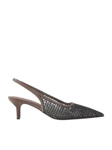 Brunello Cucinelli 55 Embellished Suede-trimmed Mesh Slingback Pumps | Thumbnail 1 Brunello Cucinelli 55 Embellished Suede-trimmed Mesh Slingback Pumps | Thumbnail 1