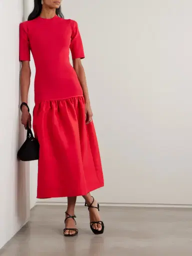 TOTEME Twinflower Gathered Ribbed-knit And Wool And Silk-blend Crepe Midi Dress | Thumbnail 2 TOTEME Twinflower Gathered Ribbed-knit And Wool And Silk-blend Crepe Midi Dress | Thumbnail 2