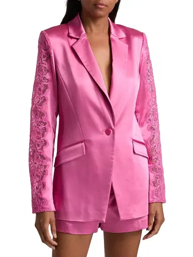 Ramy Brook Women's Foxi Sheer Lace-Embellished Satin Blazer - Pink Garnet | Thumbnail 3 Ramy Brook Women's Foxi Sheer Lace-Embellished Satin Blazer - Pink Garnet | Thumbnail 3