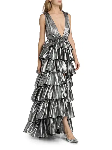 AKNVAS Women's Henriette Metallic Ruffled Tiered Sleeveless Gown - Gunmetal | Thumbnail 2 AKNVAS Women's Henriette Metallic Ruffled Tiered Sleeveless Gown - Gunmetal | Thumbnail 2