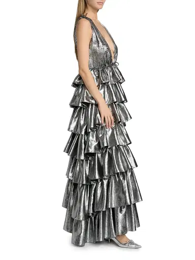 AKNVAS Women's Henriette Metallic Ruffled Tiered Sleeveless Gown - Gunmetal | Thumbnail 4 AKNVAS Women's Henriette Metallic Ruffled Tiered Sleeveless Gown - Gunmetal | Thumbnail 4