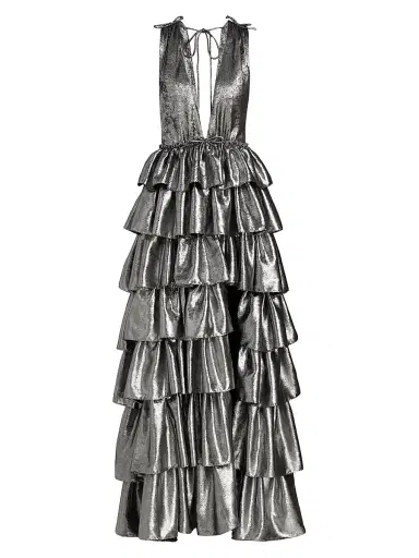 AKNVAS Women's Henriette Metallic Ruffled Tiered Sleeveless Gown - Gunmetal | Thumbnail 1 AKNVAS Women's Henriette Metallic Ruffled Tiered Sleeveless Gown - Gunmetal | Thumbnail 1