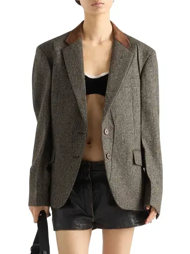 Prada Women's Single-Breasted Shetland Wool Chevron Jacket - Brown | Thumbnail 2 Prada Women's Single-Breasted Shetland Wool Chevron Jacket - Brown | Thumbnail 2