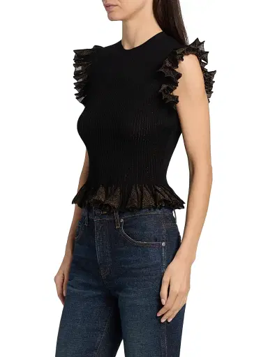 Ulla Johnson Women's Leila Metallic Rib-Knit Ruffle Top | Thumbnail 4 Ulla Johnson Women's Leila Metallic Rib-Knit Ruffle Top | Thumbnail 4