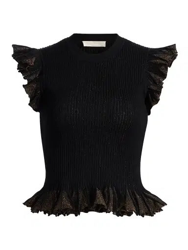 Ulla Johnson Women's Leila Metallic Rib-Knit Ruffle Top | Thumbnail 1 Ulla Johnson Women's Leila Metallic Rib-Knit Ruffle Top | Thumbnail 1