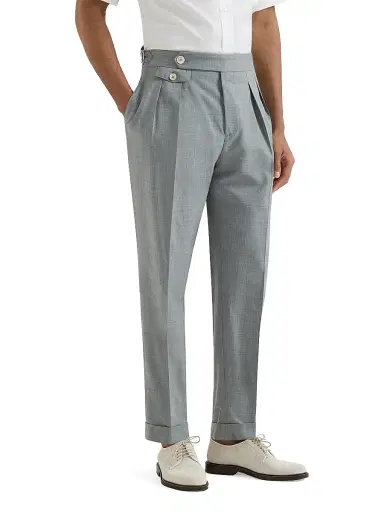Brunello Cucinelli Men's Virgin Wool Fresco Trousers with Double Pleats and Waist Tabs - Grey | Thumbnail 2 Brunello Cucinelli Men's Virgin Wool Fresco Trousers with Double Pleats and Waist Tabs - Grey | Thumbnail 2