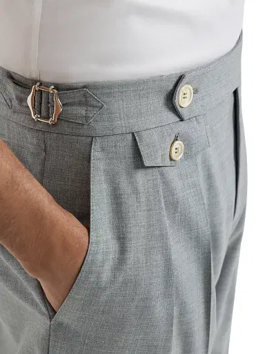Brunello Cucinelli Men's Virgin Wool Fresco Trousers with Double Pleats and Waist Tabs - Grey | Thumbnail 5 Brunello Cucinelli Men's Virgin Wool Fresco Trousers with Double Pleats and Waist Tabs - Grey | Thumbnail 5