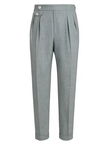 Brunello Cucinelli Men's Virgin Wool Fresco Trousers with Double Pleats and Waist Tabs - Grey | Thumbnail 1 Brunello Cucinelli Men's Virgin Wool Fresco Trousers with Double Pleats and Waist Tabs - Grey | Thumbnail 1