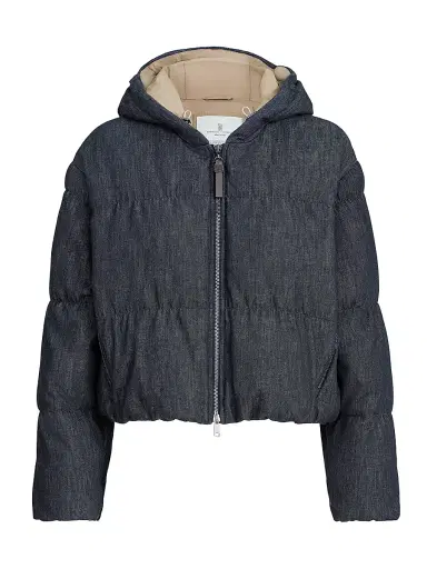 Brunello Cucinelli Women's Cotton Denim Effect Twill Down Coat with Monili - Denim | Thumbnail 1 Brunello Cucinelli Women's Cotton Denim Effect Twill Down Coat with Monili - Denim | Thumbnail 1