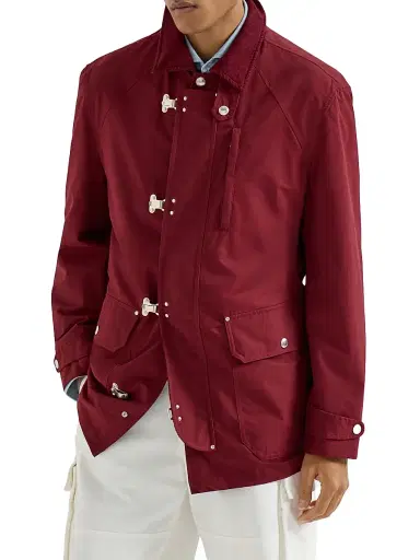 Brunello Cucinelli Men's Water Resistant Techno Cotton Gabardine Outerwear Jacket with Hook Fastening - Cherry - Size 38 | Thumbnail 2 Brunello Cucinelli Men's Water Resistant Techno Cotton Gabardine Outerwear Jacket with Hook Fastening - Cherry - Size 38 | Thumbnail 2