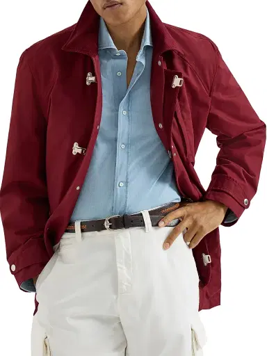 Brunello Cucinelli Men's Water Resistant Techno Cotton Gabardine Outerwear Jacket with Hook Fastening - Cherry - Size 38 | Thumbnail 5 Brunello Cucinelli Men's Water Resistant Techno Cotton Gabardine Outerwear Jacket with Hook Fastening - Cherry - Size 38 | Thumbnail 5