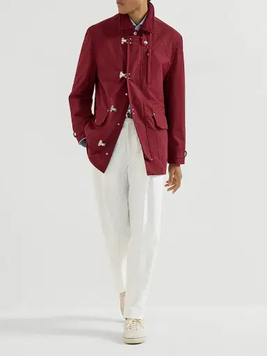 Brunello Cucinelli Men's Water Resistant Techno Cotton Gabardine Outerwear Jacket with Hook Fastening - Cherry - Size 38 | Thumbnail 6 Brunello Cucinelli Men's Water Resistant Techno Cotton Gabardine Outerwear Jacket with Hook Fastening - Cherry - Size 38 | Thumbnail 6