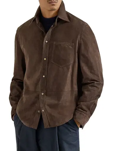 Brunello Cucinelli Men's Suede Overshirt - Espresso | Thumbnail 2 Brunello Cucinelli Men's Suede Overshirt - Espresso | Thumbnail 2
