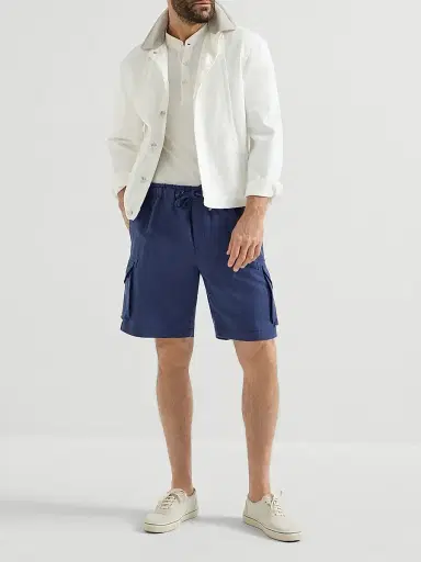 Brunello Cucinelli Men's Linen and Cotton Drill Bermuda Shorts with Drawstring and Cargo Pockets - Blue | Thumbnail 6 Brunello Cucinelli Men's Linen and Cotton Drill Bermuda Shorts with Drawstring and Cargo Pockets - Blue | Thumbnail 6