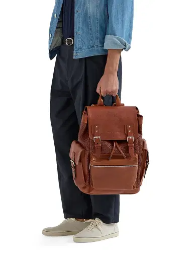 Brunello Cucinelli Men's Braided Calfskin and Cowhide City Backpack - Cognac | Thumbnail 2 Brunello Cucinelli Men's Braided Calfskin and Cowhide City Backpack - Cognac | Thumbnail 2