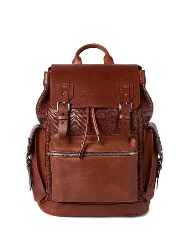 Brunello Cucinelli Men's Braided Calfskin and Cowhide City Backpack - Cognac | Thumbnail 1 Brunello Cucinelli Men's Braided Calfskin and Cowhide City Backpack - Cognac | Thumbnail 1