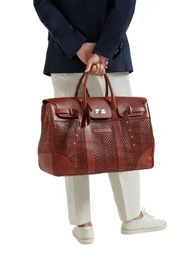 Brunello Cucinelli Men's Braided Calfskin and Cowhide Country Bag - Cognac | Thumbnail 2 Brunello Cucinelli Men's Braided Calfskin and Cowhide Country Bag - Cognac | Thumbnail 2