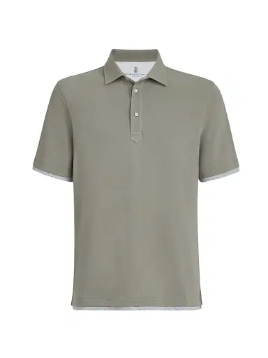 Brunello Cucinelli Men's Cotton Piqué Shirt Style Collar Polo with Faux Layering - Azure | Thumbnail 13 Brunello Cucinelli Men's Cotton Piqué Shirt Style Collar Polo with Faux Layering - Azure | Thumbnail 13