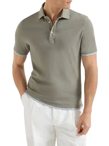 Brunello Cucinelli Men's Cotton Piqué Shirt Style Collar Polo with Faux Layering - Azure | Thumbnail 14 Brunello Cucinelli Men's Cotton Piqué Shirt Style Collar Polo with Faux Layering - Azure | Thumbnail 14