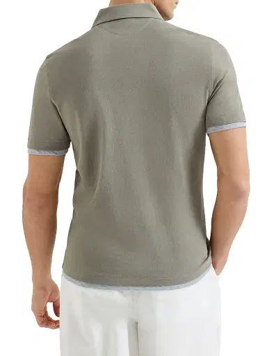 Brunello Cucinelli Men's Cotton Piqué Shirt Style Collar Polo with Faux Layering - Azure | Thumbnail 15 Brunello Cucinelli Men's Cotton Piqué Shirt Style Collar Polo with Faux Layering - Azure | Thumbnail 15