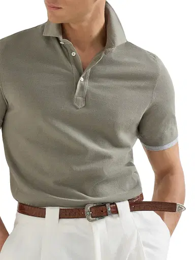 Brunello Cucinelli Men's Cotton Piqué Shirt Style Collar Polo with Faux Layering - Azure | Thumbnail 17 Brunello Cucinelli Men's Cotton Piqué Shirt Style Collar Polo with Faux Layering - Azure | Thumbnail 17