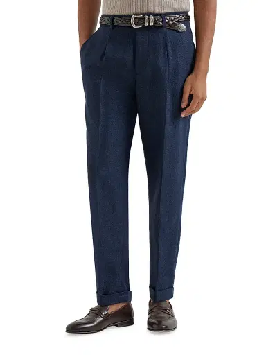 Brunello Cucinelli Men's Silk, Linen and Wool Hopsack Pleated Trousers - Navy Blue | Thumbnail 2 Brunello Cucinelli Men's Silk, Linen and Wool Hopsack Pleated Trousers - Navy Blue | Thumbnail 2