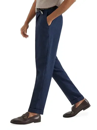 Brunello Cucinelli Men's Silk, Linen and Wool Hopsack Pleated Trousers - Navy Blue | Thumbnail 3 Brunello Cucinelli Men's Silk, Linen and Wool Hopsack Pleated Trousers - Navy Blue | Thumbnail 3