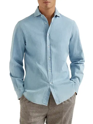 Brunello Cucinelli Men's Lightweight Denim Easy Fit Shirt with Spread Collar - Light Blue Denim | Thumbnail 2 Brunello Cucinelli Men's Lightweight Denim Easy Fit Shirt with Spread Collar - Light Blue Denim | Thumbnail 2