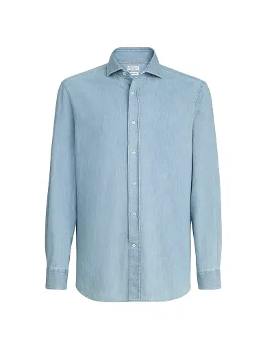 Brunello Cucinelli Men's Lightweight Denim Easy Fit Shirt with Spread Collar - Light Blue Denim | Thumbnail 1 Brunello Cucinelli Men's Lightweight Denim Easy Fit Shirt with Spread Collar - Light Blue Denim | Thumbnail 1
