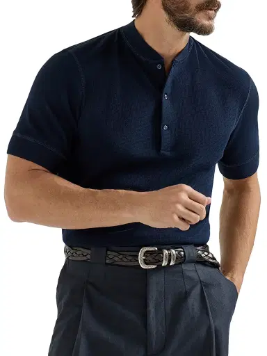Brunello Cucinelli Men's Cotton Waffle Jersey T-Shirt with Henley Collar - Cobalt - Size Medium | Thumbnail 4 Brunello Cucinelli Men's Cotton Waffle Jersey T-Shirt with Henley Collar - Cobalt - Size Medium | Thumbnail 4