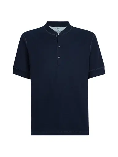 Brunello Cucinelli Men's Cotton Waffle Jersey T-Shirt with Henley Collar - Cobalt - Size Medium | Thumbnail 1 Brunello Cucinelli Men's Cotton Waffle Jersey T-Shirt with Henley Collar - Cobalt - Size Medium | Thumbnail 1