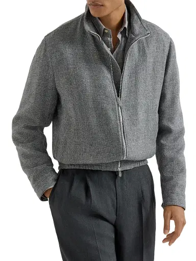 Brunello Cucinelli Men's Silk, Linen and Wool Hopsack Outerwear Jacket with Stand Collar - Medium Grey | Thumbnail 2 Brunello Cucinelli Men's Silk, Linen and Wool Hopsack Outerwear Jacket with Stand Collar - Medium Grey | Thumbnail 2