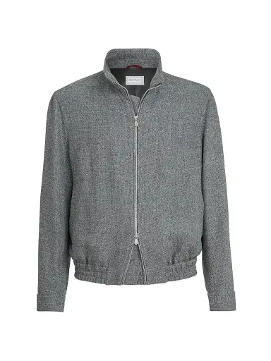 Brunello Cucinelli Men's Silk, Linen and Wool Hopsack Outerwear Jacket with Stand Collar - Medium Grey | Thumbnail 1 Brunello Cucinelli Men's Silk, Linen and Wool Hopsack Outerwear Jacket with Stand Collar - Medium Grey | Thumbnail 1