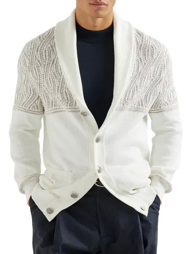 Brunello Cucinelli Men's Cotton Shawl Collar Cardigan with Jacquard Cable Shoulder | Thumbnail 2 Brunello Cucinelli Men's Cotton Shawl Collar Cardigan with Jacquard Cable Shoulder | Thumbnail 2