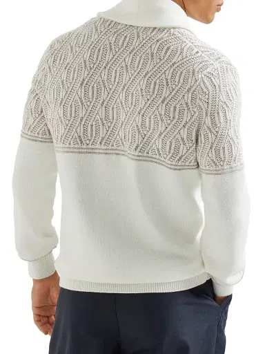 Brunello Cucinelli Men's Cotton Shawl Collar Cardigan with Jacquard Cable Shoulder | Thumbnail 3 Brunello Cucinelli Men's Cotton Shawl Collar Cardigan with Jacquard Cable Shoulder | Thumbnail 3