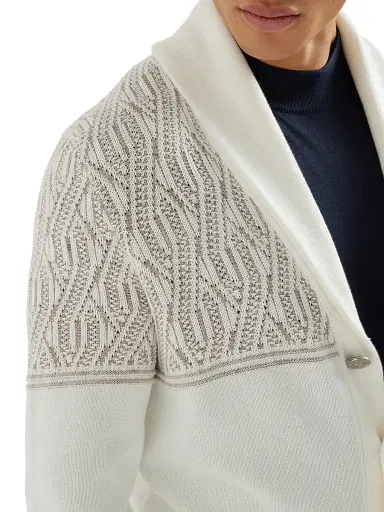 Brunello Cucinelli Men's Cotton Shawl Collar Cardigan with Jacquard Cable Shoulder | Thumbnail 4 Brunello Cucinelli Men's Cotton Shawl Collar Cardigan with Jacquard Cable Shoulder | Thumbnail 4