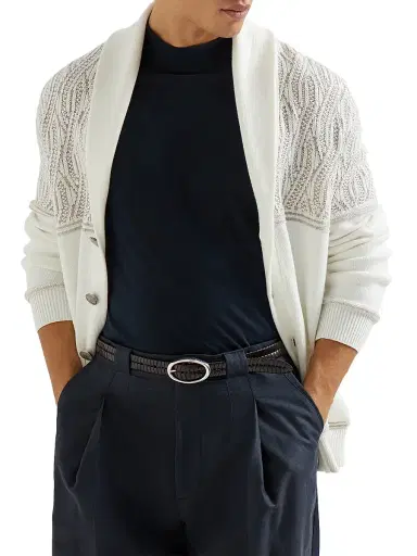 Brunello Cucinelli Men's Cotton Shawl Collar Cardigan with Jacquard Cable Shoulder | Thumbnail 5 Brunello Cucinelli Men's Cotton Shawl Collar Cardigan with Jacquard Cable Shoulder | Thumbnail 5