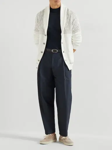 Brunello Cucinelli Men's Cotton Shawl Collar Cardigan with Jacquard Cable Shoulder | Thumbnail 6 Brunello Cucinelli Men's Cotton Shawl Collar Cardigan with Jacquard Cable Shoulder | Thumbnail 6