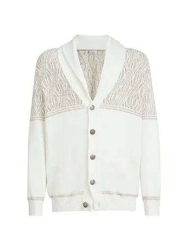 Brunello Cucinelli Men's Cotton Shawl Collar Cardigan with Jacquard Cable Shoulder | Thumbnail 1 Brunello Cucinelli Men's Cotton Shawl Collar Cardigan with Jacquard Cable Shoulder | Thumbnail 1