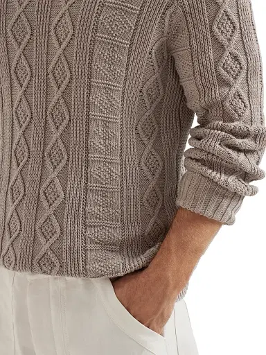 Brunello Cucinelli Men's Cotton Fisherman's Cable Sweater - Brown - Size 38 | Thumbnail 4 Brunello Cucinelli Men's Cotton Fisherman's Cable Sweater - Brown - Size 38 | Thumbnail 4