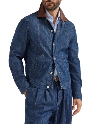 Brunello Cucinelli Men's Lightweight Denim Outerwear Jacket with Leather Collar - Denim | Thumbnail 2 Brunello Cucinelli Men's Lightweight Denim Outerwear Jacket with Leather Collar - Denim | Thumbnail 2