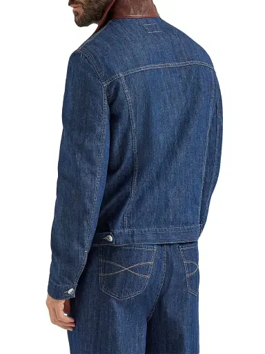 Brunello Cucinelli Men's Lightweight Denim Outerwear Jacket with Leather Collar - Denim | Thumbnail 3 Brunello Cucinelli Men's Lightweight Denim Outerwear Jacket with Leather Collar - Denim | Thumbnail 3