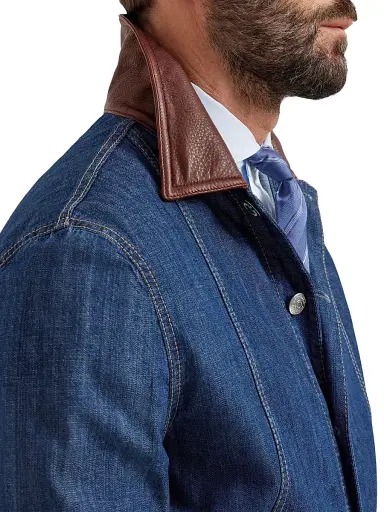 Brunello Cucinelli Men's Lightweight Denim Outerwear Jacket with Leather Collar - Denim | Thumbnail 4 Brunello Cucinelli Men's Lightweight Denim Outerwear Jacket with Leather Collar - Denim | Thumbnail 4