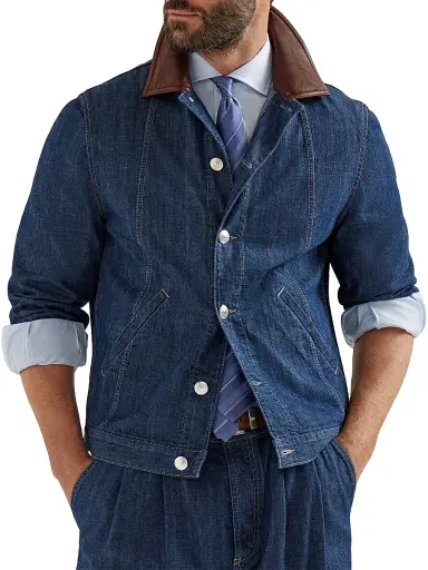 Brunello Cucinelli Men's Lightweight Denim Outerwear Jacket with Leather Collar - Denim | Thumbnail 5 Brunello Cucinelli Men's Lightweight Denim Outerwear Jacket with Leather Collar - Denim | Thumbnail 5