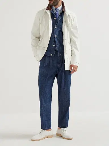 Brunello Cucinelli Men's Lightweight Denim Outerwear Jacket with Leather Collar - Denim | Thumbnail 6 Brunello Cucinelli Men's Lightweight Denim Outerwear Jacket with Leather Collar - Denim | Thumbnail 6