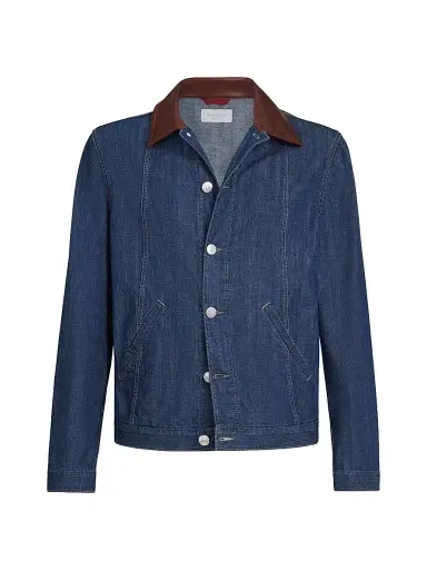 Brunello Cucinelli Men's Lightweight Denim Outerwear Jacket with Leather Collar - Denim | Thumbnail 1 Brunello Cucinelli Men's Lightweight Denim Outerwear Jacket with Leather Collar - Denim | Thumbnail 1