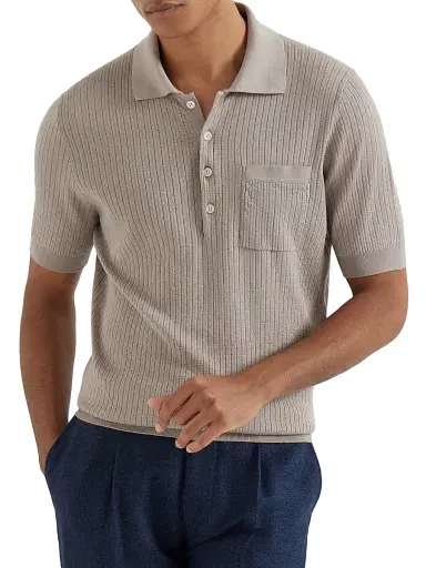 Brunello Cucinelli Men's Cotton Textured Rib Lightweight Knit Polo Shirt - Dove | Thumbnail 2 Brunello Cucinelli Men's Cotton Textured Rib Lightweight Knit Polo Shirt - Dove | Thumbnail 2