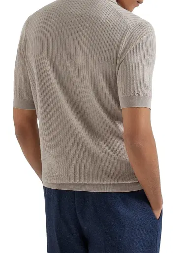 Brunello Cucinelli Men's Cotton Textured Rib Lightweight Knit Polo Shirt - Dove | Thumbnail 3 Brunello Cucinelli Men's Cotton Textured Rib Lightweight Knit Polo Shirt - Dove | Thumbnail 3