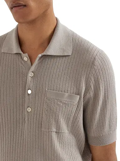 Brunello Cucinelli Men's Cotton Textured Rib Lightweight Knit Polo Shirt - Dove | Thumbnail 4 Brunello Cucinelli Men's Cotton Textured Rib Lightweight Knit Polo Shirt - Dove | Thumbnail 4